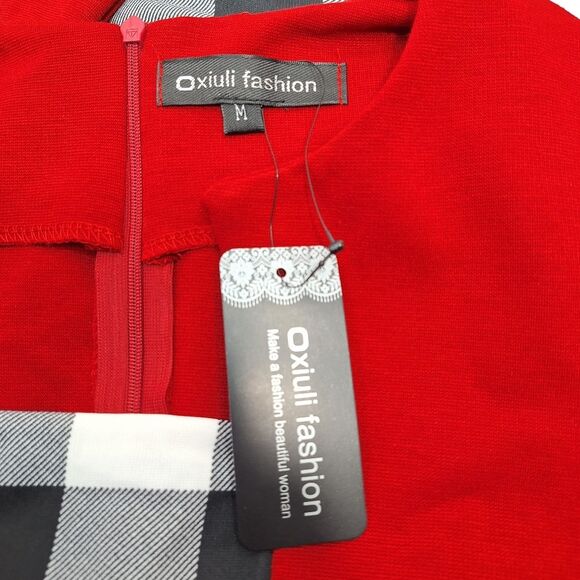 NWT Oxiuli Fashion Red Black Colorblock Checkered Long Sleeve Bodycon Dress Sz M - Picture 6 of 13